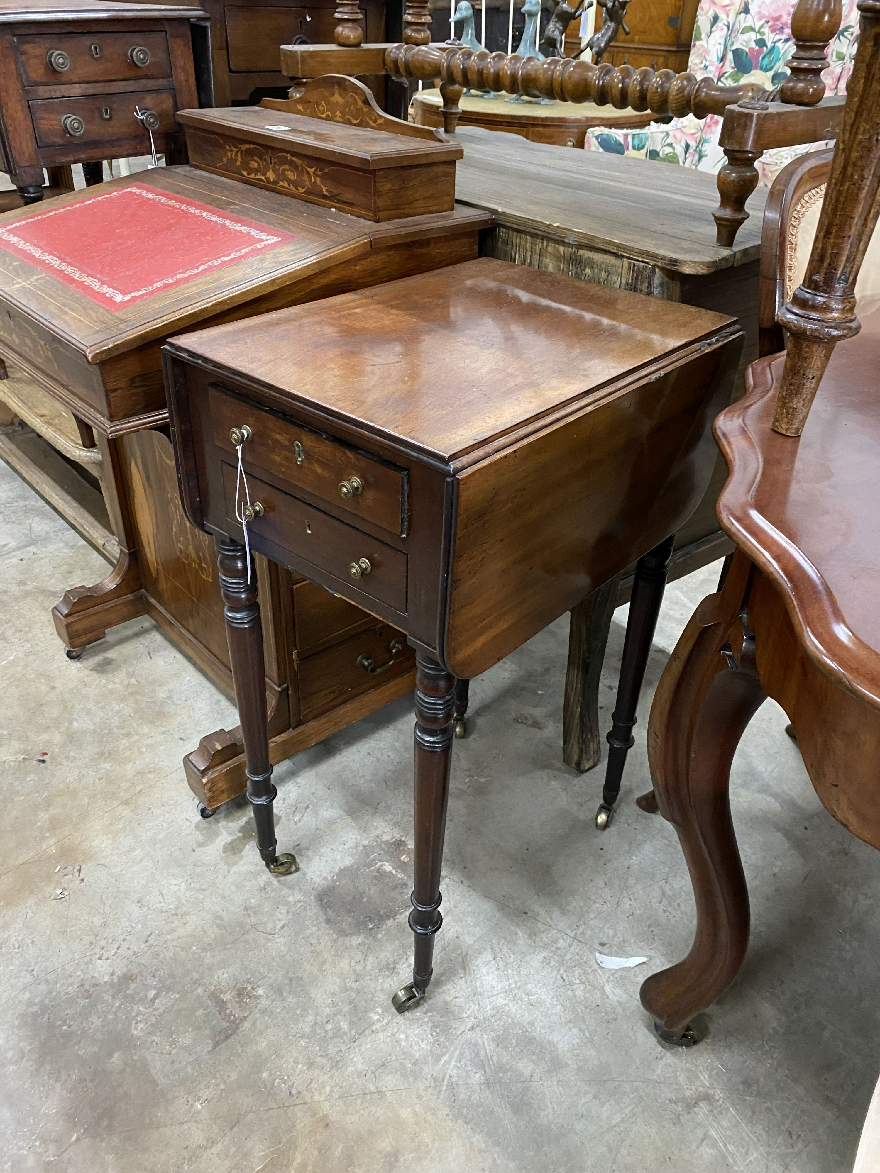 A Regency mahogany drop flap work table, width 46cm, depth 35cm, height 73cm
